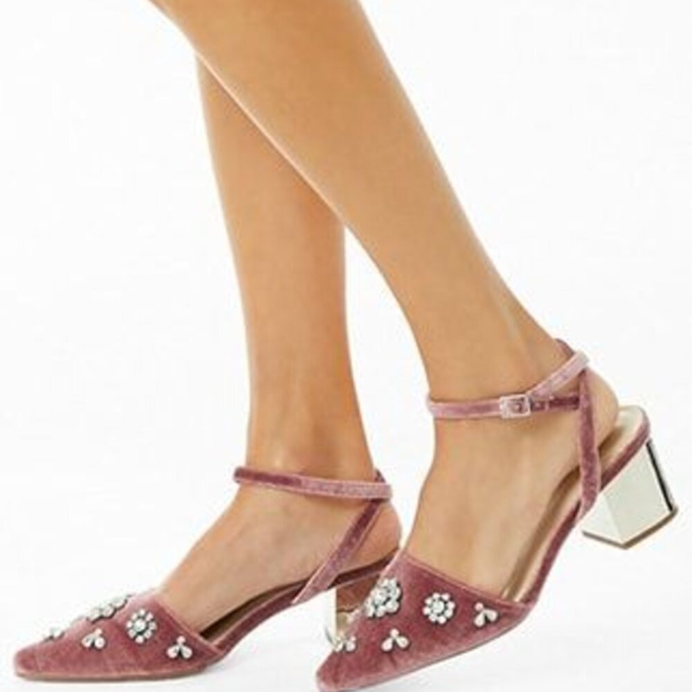 Forever 21 Pink Velvet Pointed Faux Gem Rhinestone Studded Ankle strap Sandals